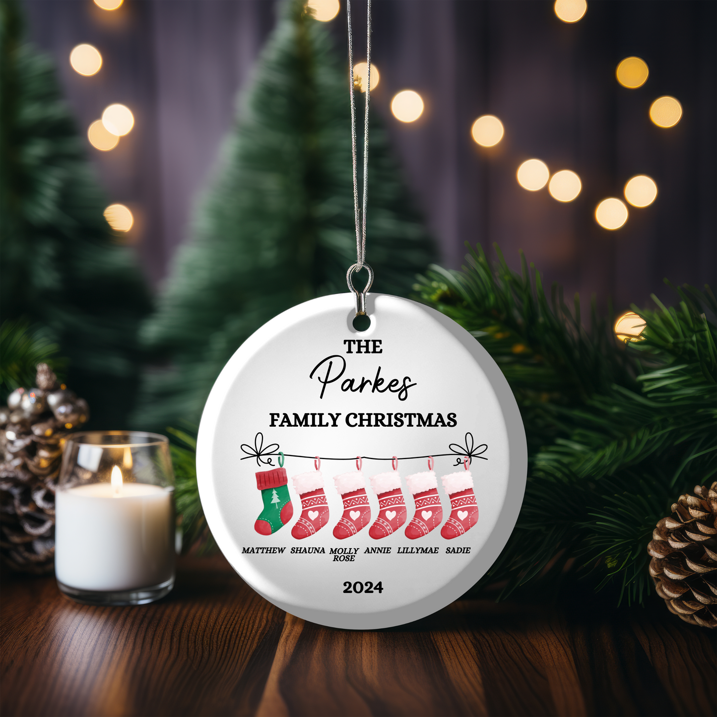 Traditional Personalised Ceramic Christmas Decoration ornament, names included free includes Gift Pack.